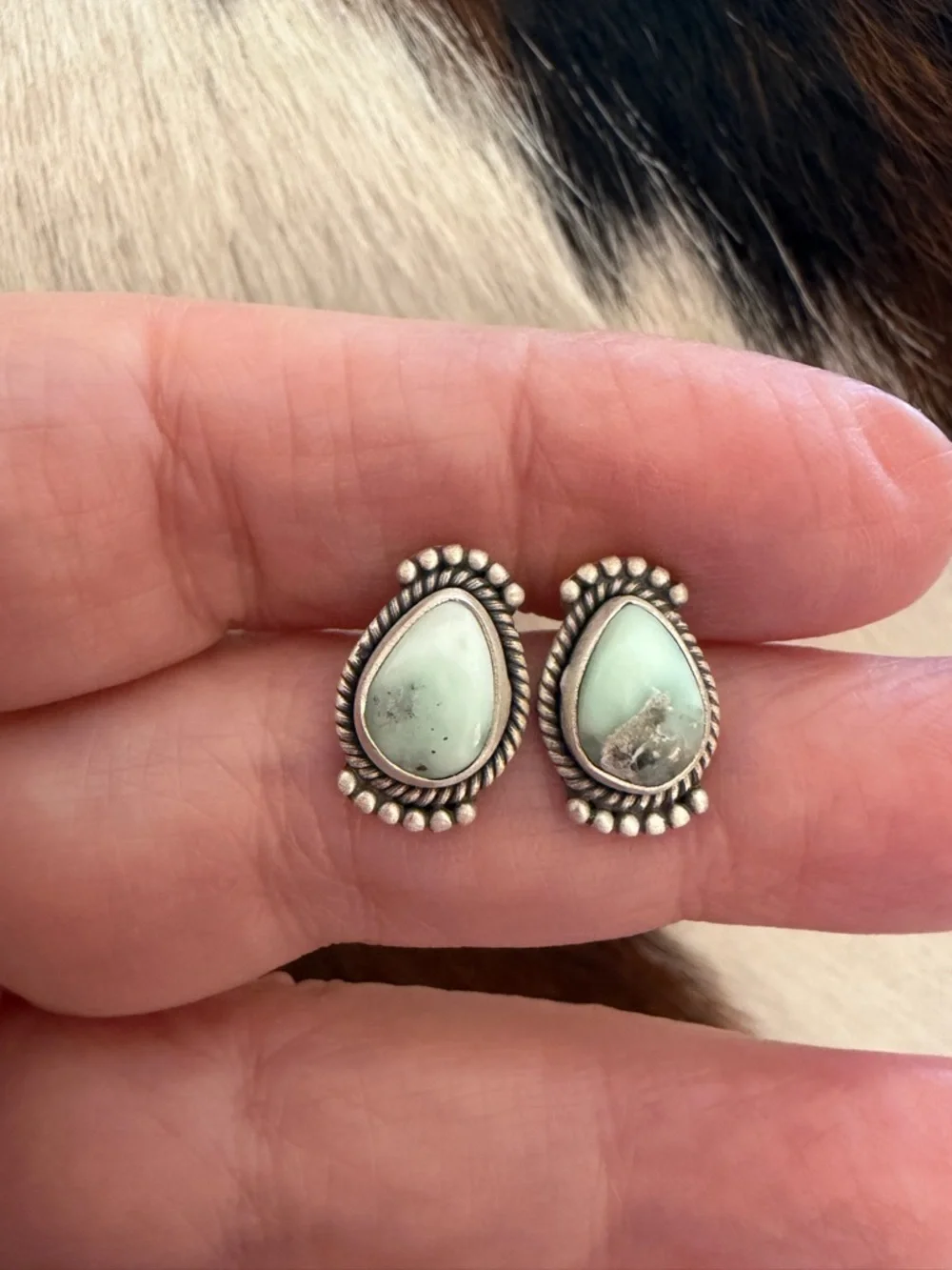 ❤️ Paloma Variscite Navajo Style Brushed Sterling Stud Earrings Closed Back